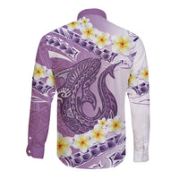 Purple Hawaii Shark Tattoo Long Sleeve Button Shirt Frangipani With Polynesian Pastel Version