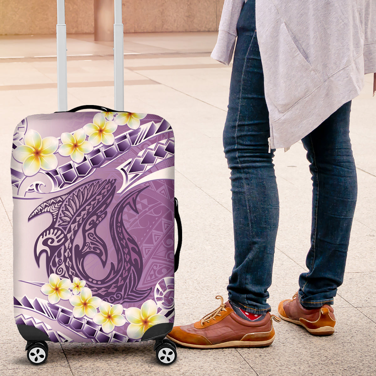 Purple Hawaii Shark Tattoo Luggage Cover Frangipani With Polynesian Pastel Version