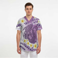 Purple Hawaii Shark Tattoo Scrub Top Frangipani With Polynesian Pastel Version - Polynesian Pride