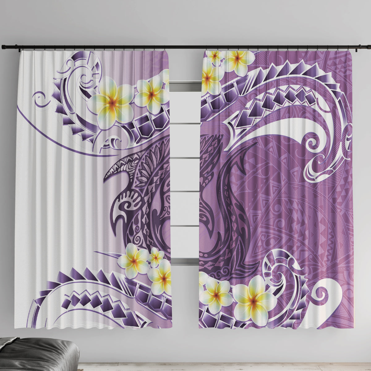 Purple Hawaii Shark Tattoo Window Curtain Frangipani With Polynesian Pastel Version