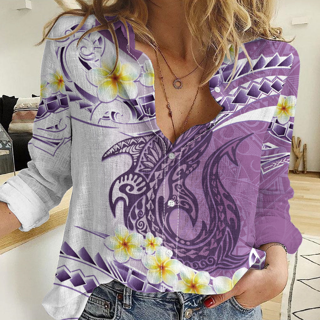 Purple Hawaii Shark Tattoo Women Casual Shirt Frangipani With Polynesian Pastel Version