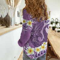 Purple Hawaii Shark Tattoo Women Casual Shirt Frangipani With Polynesian Pastel Version
