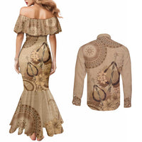 Brown Bula Fiji Couples Matching Mermaid Dress and Long Sleeve Button Shirt Fijian Dance Fan Tapa Cloth Pattern