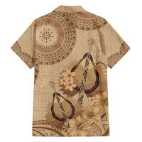 Brown Bula Fiji Family Matching Off The Shoulder Long Sleeve Dress and Hawaiian Shirt Fijian Dance Fan Tapa Cloth Pattern