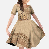 Brown Bula Fiji Family Matching Summer Maxi Dress and Hawaiian Shirt Fijian Dance Fan Tapa Cloth Pattern