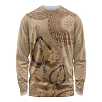 Brown Bula Fiji Long Sleeve Shirt Fijian Dance Fan Tapa Cloth Pattern LT14 Unisex Brown - Polynesian Pride