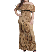 Brown Bula Fiji Off Shoulder Maxi Dress Fijian Dance Fan Tapa Cloth Pattern