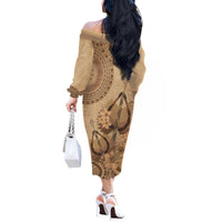 Brown Bula Fiji Off The Shoulder Long Sleeve Dress Fijian Dance Fan Tapa Cloth Pattern