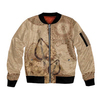 Brown Bula Fiji Sleeve Zip Bomber Jacket Fijian Dance Fan Tapa Cloth Pattern