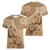 Brown Bula Fiji Women V-Neck T-Shirt Fijian Dance Fan Tapa Cloth Pattern
