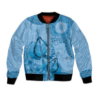 Blue Bula Fiji Bomber Jacket Fijian Dance Fan Tapa Cloth Pattern LT14 Unisex Blue - Polynesian Pride