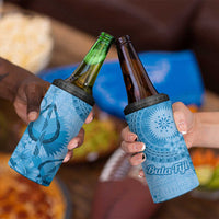 Blue Bula Fiji 4 in 1 Can Cooler Tumbler Fijian Dance Fan Tapa Cloth Pattern