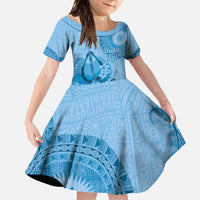 Blue Bula Fiji Family Matching Off The Shoulder Long Sleeve Dress and Hawaiian Shirt Fijian Dance Fan Tapa Cloth Pattern