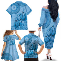 Blue Bula Fiji Family Matching Off The Shoulder Long Sleeve Dress and Hawaiian Shirt Fijian Dance Fan Tapa Cloth Pattern