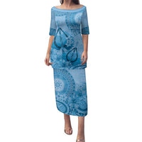 Blue Bula Fiji Family Matching Puletasi and Hawaiian Shirt Fijian Dance Fan Tapa Cloth Pattern