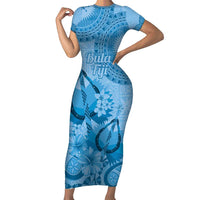 Blue Bula Fiji Family Matching Short Sleeve Bodycon Dress and Hawaiian Shirt Fijian Dance Fan Tapa Cloth Pattern