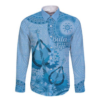 Blue Bula Fiji Long Sleeve Button Shirt Fijian Dance Fan Tapa Cloth Pattern