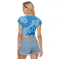Blue Bula Fiji Raglan Cropped T Shirt Fijian Dance Fan Tapa Cloth Pattern LT14 - Polynesian Pride
