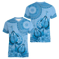 Blue Bula Fiji Women V-Neck T-Shirt Fijian Dance Fan Tapa Cloth Pattern