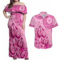 Pink Bula Fiji Couples Matching Off Shoulder Maxi Dress and Hawaiian Shirt Fijian Dance Fan Tapa Cloth Pattern