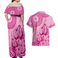 Pink Bula Fiji Couples Matching Off Shoulder Maxi Dress and Hawaiian Shirt Fijian Dance Fan Tapa Cloth Pattern