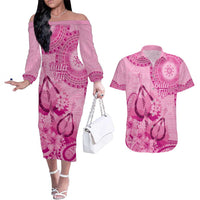Pink Bula Fiji Couples Matching Off The Shoulder Long Sleeve Dress and Hawaiian Shirt Fijian Dance Fan Tapa Cloth Pattern