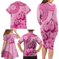 Pink Bula Fiji Family Matching Long Sleeve Bodycon Dress and Hawaiian Shirt Fijian Dance Fan Tapa Cloth Pattern