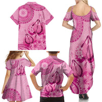 Pink Bula Fiji Family Matching Summer Maxi Dress and Hawaiian Shirt Fijian Dance Fan Tapa Cloth Pattern