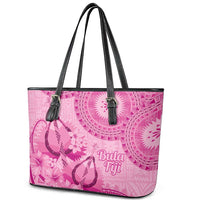 Pink Bula Fiji Leather Tote Bag Fijian Dance Fan Tapa Cloth Pattern LT14 - Polynesian Pride