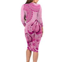 Pink Bula Fiji Long Sleeve Bodycon Dress Fijian Dance Fan Tapa Cloth Pattern