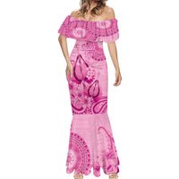 Pink Bula Fiji Mermaid Dress Fijian Dance Fan Tapa Cloth Pattern