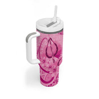 Pink Bula Fiji Tumbler With Handle Fijian Dance Fan Tapa Cloth Pattern
