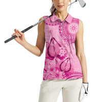 Pink Bula Fiji Women Sleeveless Polo Shirt Fijian Dance Fan Tapa Cloth Pattern