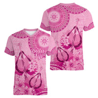 Pink Bula Fiji Women V-Neck T-Shirt Fijian Dance Fan Tapa Cloth Pattern