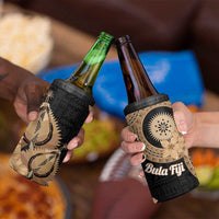 Black Bula Fiji 4 in 1 Can Cooler Tumbler Fijian Dance Fan Tapa Cloth Pattern