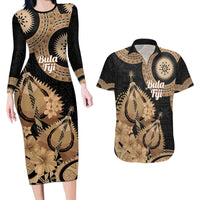 Black Bula Fiji Couples Matching Long Sleeve Bodycon Dress and Hawaiian Shirt Fijian Dance Fan Tapa Cloth Pattern