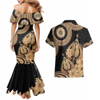 Black Bula Fiji Couples Matching Mermaid Dress and Hawaiian Shirt Fijian Dance Fan Tapa Cloth Pattern