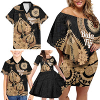 Black Bula Fiji Family Matching Off Shoulder Short Dress and Hawaiian Shirt Fijian Dance Fan Tapa Cloth Pattern