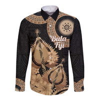 Black Bula Fiji Long Sleeve Button Shirt Fijian Dance Fan Tapa Cloth Pattern