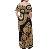 Black Bula Fiji Off Shoulder Maxi Dress Fijian Dance Fan Tapa Cloth Pattern