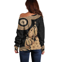 Black Bula Fiji Off Shoulder Sweater Fijian Dance Fan Tapa Cloth Pattern