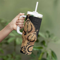 Black Bula Fiji Tumbler With Handle Fijian Dance Fan Tapa Cloth Pattern