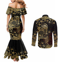 Frangipani Festival Rabaul Couples Matching Mermaid Dress and Long Sleeve Button Shirt PNG Tribal Baining Mask Tattoo - Polynesian Pride