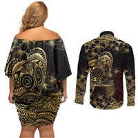 Frangipani Festival Rabaul Couples Matching Off Shoulder Short Dress and Long Sleeve Button Shirt PNG Tribal Baining Mask Tattoo - Polynesian Pride