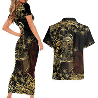 Frangipani Festival Rabaul Couples Matching Short Sleeve Bodycon Dress and Hawaiian Shirt PNG Tribal Baining Mask Tattoo - Polynesian Pride