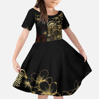 Frangipani Festival Rabaul Family Matching Summer Maxi Dress and Hawaiian Shirt PNG Tribal Baining Mask Tattoo LT14 Daughter's Dress Black - Polynesian Pride