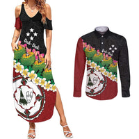 Frangipani Festival Rabaul East New Britain Couples Matching Summer Maxi Dress and Long Sleeve Button Shirt Dukduk Dance With Plumeria - Polynesian Pride