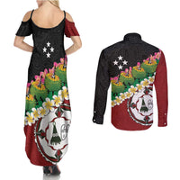 Frangipani Festival Rabaul East New Britain Couples Matching Summer Maxi Dress and Long Sleeve Button Shirt Dukduk Dance With Plumeria - Polynesian Pride