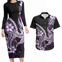 Purple Black Aloha Hawaii Couples Matching Long Sleeve Bodycon Dress and Hawaiian Shirt Polynesian Shark Tattoo Plumeria LT14 Purple - Polynesian Pride