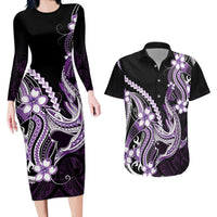 Purple Black Aloha Hawaii Couples Matching Long Sleeve Bodycon Dress and Hawaiian Shirt Polynesian Shark Tattoo Plumeria